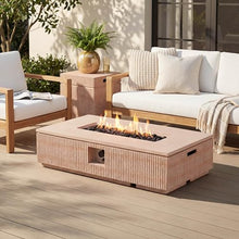 Christopher Knight Home 48.2 Inch Outdoor Rectangular Fire Pit Set with Tank Cover Side Table, MgO Concrete Propane Fire Pit 50000 BTU, Natural Modern Patio Heating Table Set
