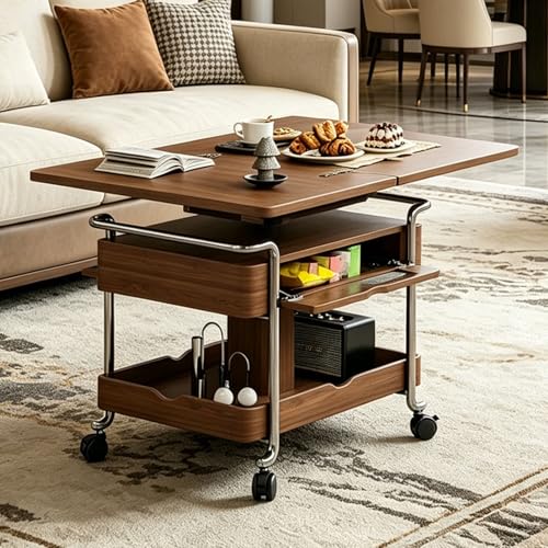 NABOOJ Adjustable Mobile Side Table with Foldable Rotating Top, Multilayer Storage Cart with Wheels, Rolling Sofa End Table for Living Room, Bedroom