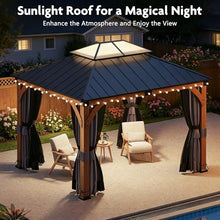 10x12 ft Wood Gazebo with Curtains & Mosquito Netting, Hardtop Gazebo with Galvanized Steel Double Roof, Heavy Duty Pavilion for Patio Lawn and Garden