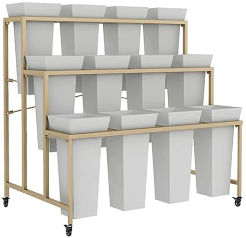 Wrought Iron Flower Stand - 3 Tier Display Stand with 12 Plastic Flower Buckets, Very Suitable for Florists, Indoor and Outdoor (Color : Gold Stand, Size : White Bucket)