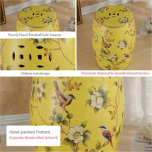 Labasuan Yellow Ceramic Garden Stool, Round Decorative Side Table with Floral Bird Design, Hand-Painted, Waterproof Durable Plant Stand & Extra Seating, for Indoor Outdoor Patio, Living Room