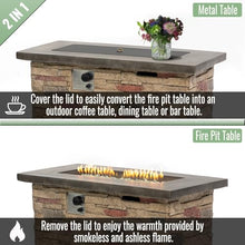 Rectangular Propane Fire Pit Table with Steel Lid, 50000 BTU Outdoor Gas Fireplace for Patio Backyard Deck Garden, MgO Stone Look Burner, Pulse Ignition, Hidden Tank Compartment, Rain Cover