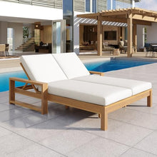 Merax Outdoor Double Lounge Chair with 5-Position Adjustable Backrest for Each Seat, Wood Patio Chaise Lounge with Armrests & Removable Cushions for Patio Poolside Garden, All-Weather, Light Teak