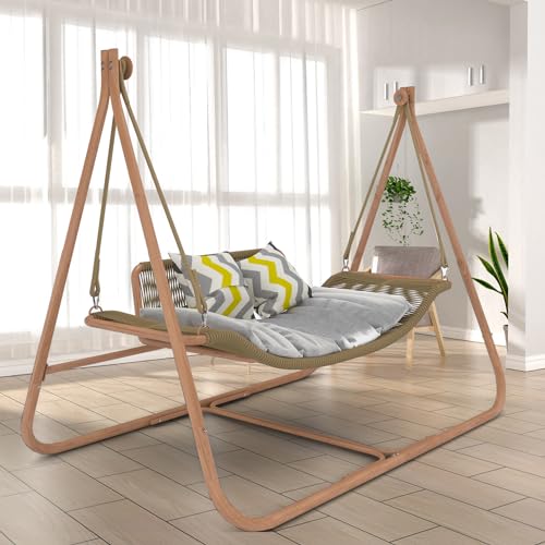 Hammock Swing Chair with Stand for Indoor,Outside, Anti-Rust Wood-Colored Frame 570 lbs Capacity with Cushion Oversized Double Hammock Chair for Balcony Patio Bedroom