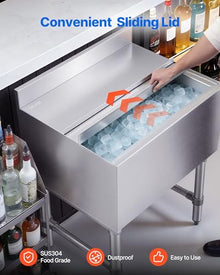 VEVOR Commercial Ice Bin, 65.1 Qt Max Capacity, 24 x 19 x 33 Inch Stainless Steel Ice Chest with Sliding Lid and Bottle Holders, Cooler Cart Cocktail Unit for Bar Restaurant Pub, NSF Certified
