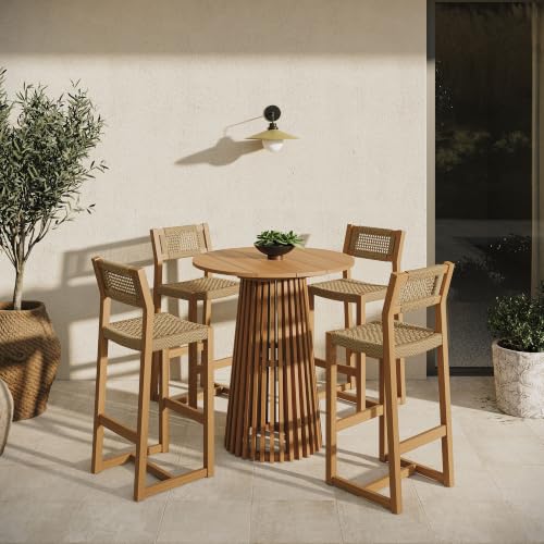 Modway Reed Teak Wood Patio 5-Piece Outdoor Bar Set in Natural - Round 35 Inch Bar-Height Bistro Table and 4 Bar Stools with Faux Rattan Seat and Back