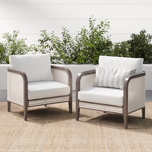 Nathan James Twila Boho Rattan Chair, Outdoor Lounge Chair, Cushioned Patio Chairs with Rattan Arms, Solid Wood Frame, Linen White Set of 2