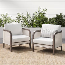Nathan James Twila Boho Rattan Chair, Outdoor Lounge Chair, Cushioned Patio Chairs with Rattan Arms, Solid Wood Frame, Linen White Set of 2