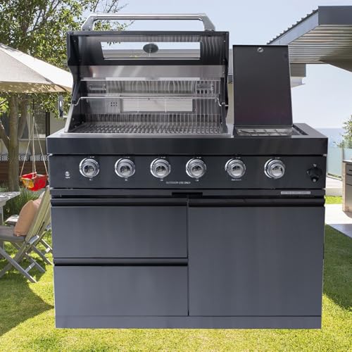4 Burner Outdoor Kitchen Island with Grill and Side Burner, 72000 BTU Deluxe Stainless Steel BBQ Island, Gas Propane Modular Outdoor Kitchen with Rotisserie, Storage Cabinets & Drawers, 46"W, Black