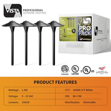 VISTA 4-Pack Cast Aluminum Landscape Path Lights, 12V Low Voltage Landscape Lighting Pathway Lights with 1.5W G4 LED Bulb for Outdoor Walkway Yard Garden Driveway (Black)