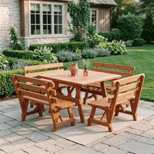Keystone Amish Co. 43” Sq Table with 4 Red Cedar Backed Benches, Cedar Stain