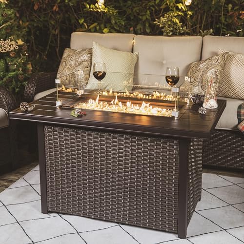 Nuu Garden Outdoor 43 Inch 50,000 BTU Propane Gas Fire Pit Table, Aluminum Tabletop and PE Rattan Weaved Steel Frame, Water-Proof Oxford Cover, Glass Fire Pit Wind Guard, Glass Beads, Lid, Dark Brown