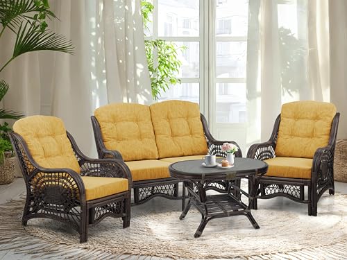 Malibu Lounge Set of 4: 2 Natural Rattan Wicker Chairs, Loveseat with Light Brown Cushions and Coffee Table w/Glass Handmade, Dark Brown