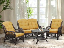 Malibu Lounge Set of 4: 2 Natural Rattan Wicker Chairs, Loveseat with Light Brown Cushions and Coffee Table w/Glass Handmade, Dark Brown