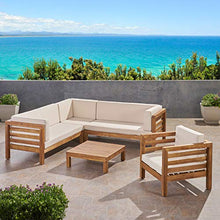 GDFStudio Outdoor 6 Seater Acacia Wood Sectional Sofa and Club Chair Set, Teak Finish & Beige