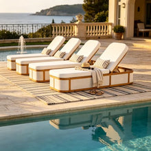 Merax Acacia Wood Chaise Lounge Set of 4, Outdoor Recliner Chair with 3-Position Adjustable Backrest, Water-Resistant Curved 2-Fold Cushion for Patio Poolside