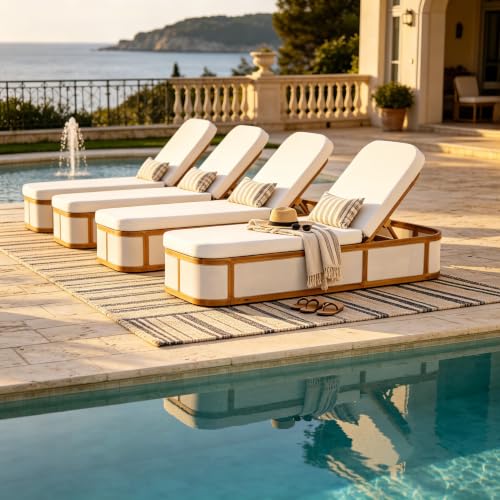 Merax Acacia Wood Chaise Lounge Set of 4, Outdoor Recliner Chair with 3-Position Adjustable Backrest, Water-Resistant Curved 2-Fold Cushion for Patio Poolside