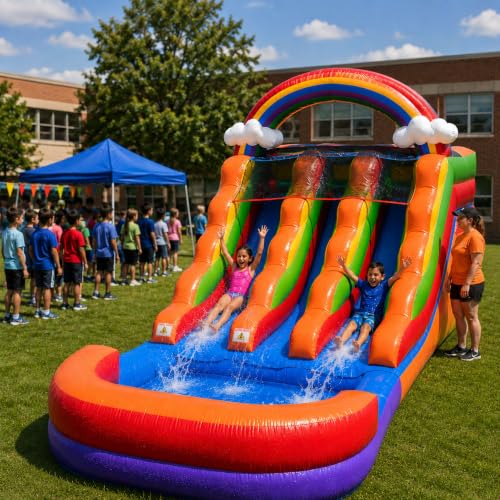 Pogo Bounce House 12FT Inflatable Double Water Slide with Blower, Rainbow