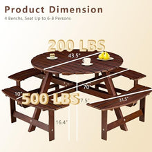 CKEASEAN 8 Person Wooden Picnic Table, Outdoor Round Picnic Table with 4 Built-in Benches, Umbrella Hole, Outside Table and Bench Set for Patio, Backyard, 500lbs Capacity Per Bench (Brown - 8Person)