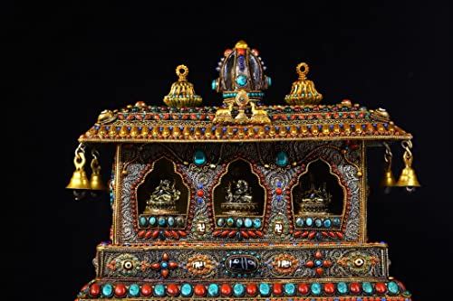 Generic 14" Tibetan Temple Collection Silver Gilt Gem Dzi Beads Wind Chimes Buddha Statue Four-Armed Guanyin Exorcism 1
