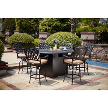 Darlee Ocean View 7 Pc Cast Aluminum Counter Height Fire Pit Dining Set w/ 60 Inch Round Signature Table in Antique Bronze/Sesame