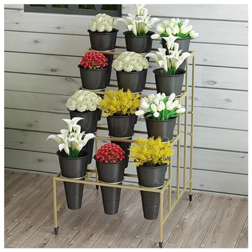 WXFJHH Flower Display Stand with Flower Buckets, Movable Plant Cart Shelf Cut Flowers Container Shelf, Florist Plant Display Shelves Flower Shelf Ladder, Florist Bouqu(Gold Bucket-75×80×113cm)