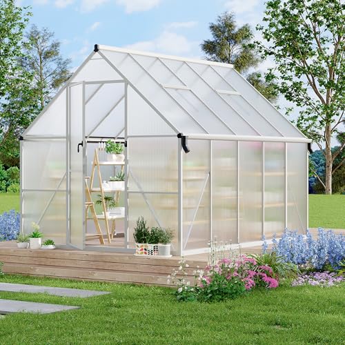 8'X10' Aluminum-Framed Polycarbonate Greenhouse, Heavy Duty Polycarbonate Greenhouse with Quick Setup Structure and Roof Vent, Large Enhanced Aluminum Greenhouses Kit for Outdoors