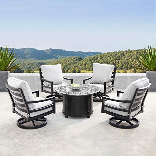 Oakland Living Aluminum 44 in. Round Fire Table Set Four Deep Seating Swivel Rockers, Fire Beads, Lid and Fabric Covers