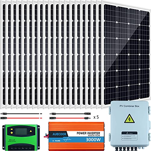 2400W 48V Solar Power System Kit for Home House Off Grid Solar Panel Kit with 20pcs 120W Rigid Monocrystalline Solar Panel, 60A PWM Charge Controller, 6 String PV Combiner Box, 3000W Inverter