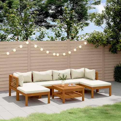 7 Piece Patio Lounge Set with Cream Cushion Solid Acacia Wood Outdoor Sofa