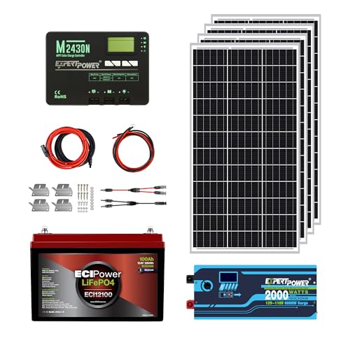ECI Power 1.3KWH 12V Solar Power System Kit | LiFePO4 12V 100Ah, 400W Mono Solar Panels, 30A MPPT Solar Charge Controller, 2KW Pure Sine Wave Inverter Charger | RV, Trailer, Camper, Marine, Off Grid