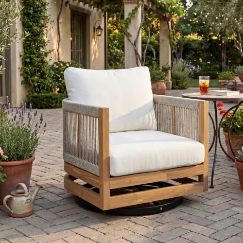 Christopher Knight Home Sue Outdoor Acacia Wood Swivel Accent Chair with Cushions, 360° Rotating Lounge Chair Outdoor with Rope Accent, Outdoor Swivel Chair for Garden, Natural + Beige