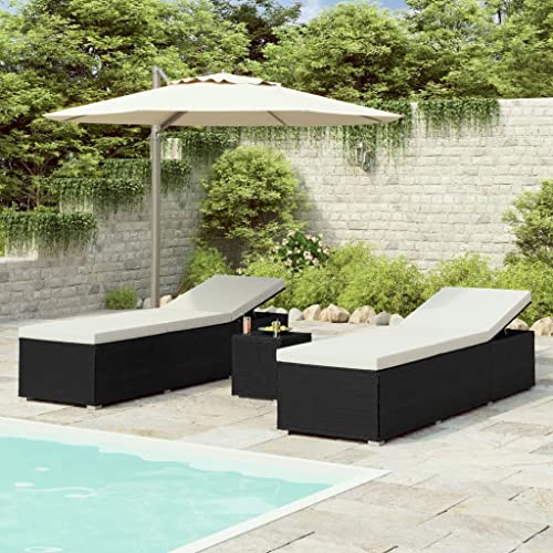 WANGKENSU 3 Piece Patio Sun Loungers with Tea Table,Outdoor Lounge Chaise, Lounger for Pool, Beach Sun Tanning Chair,Outdoor Bed,Deck Chair, Poly Rattan Brown (Black+Cream Whitematerial 76.8" x 23.6"