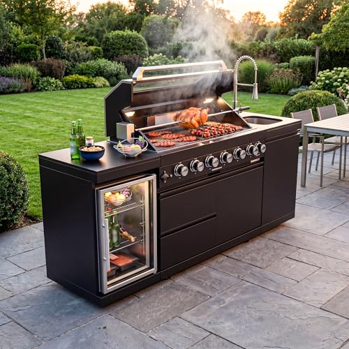 Chery Industrial 82 Inch 6-Burner 85,000 BTU 304 Stainless Steel Propane Gas Grill with Sink, Refrigerator & Rotisserie For Backyard BBQ(Grill 1 + Sink + Refrigerator-B)