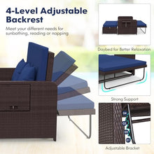 LDAILY Moccha Outdoor Daybed, Wicker Loveseat Sofa Set with 4-Postion Adjustable Backrest, Storage Ottoman, Cushions, Rattan Double Bed Lounger, Patio Furniture Set (Navy)