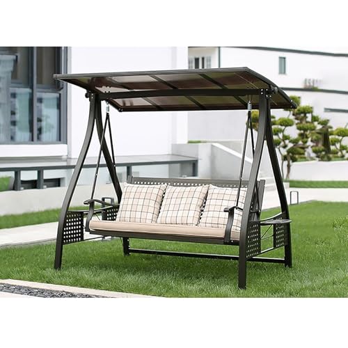 NYZAL 3-seat Swing Chair Bench with Solar LED Light for Backyard Yard Poolside Porch Lawn, Adjustable Hardtop Polycarbonate Canopy, Cushion and Pillows Included, Red Bronze