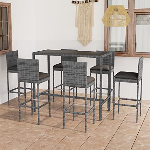 VGLQNRPT 7 Piece Patio Bar Set with Cushions, Outdoor Poly Rattan Counter Table and 6 Stools, Gray