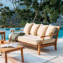 Cambridge Casual Haley Teak Wood Outdoor Sofa Daybed, 3-Seater Patio Couch with Tufted Taupe Cushion & Black Piping, Weather-Resistant Frame, 750 lbs Capacity for Patio, Backyard & Porch