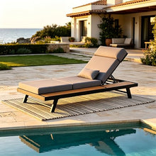 Merax Black Iron Teak Finish Chaise Lounge Set with 4" Thick 4-Fold Cushion with Headrest, 400 lbs Capacity, Adjustable Backrest with Flat Storage Surface for Patio, Poolside, Backyard, Dark Gray