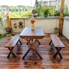 LLZJDDPLY Folding Picnic Table Set with 2 Benches, Carbonized Wood Patio Table with Umbrella Hole, Portable Outdoor Dining Set, Brown