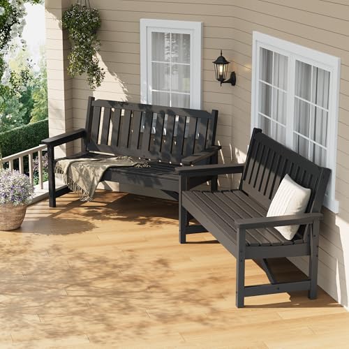 GarveeHome HDPE Outdoor Benches Set of 2, Weather-Resistant Garden Bench for 2 People with Slatted Design, Ideal for Patio, Porch, Lawn, and Poolside, 2 Pack, Grey