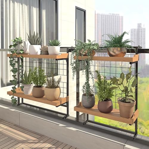 MARIYCH 2-Tier Hanging Railing Plant Holder, Balcony Flower Pot Display Holder with Adjustable Hooks, Set of 2 Metal Hanging Plant Shelf for Patio, Porch and Fence