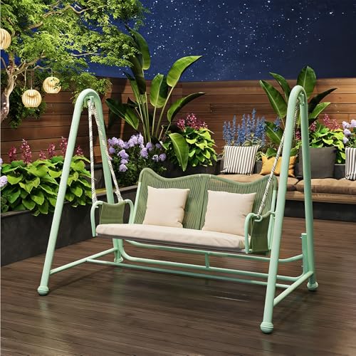 Patio Swing Chair with Cushion, Outdoor Porch Swing with Alloy Steel FrameDouble-Layer Braided Crane Rope, Hand-Knitting, for Backyard, Lawn, Porch, Garden(C)