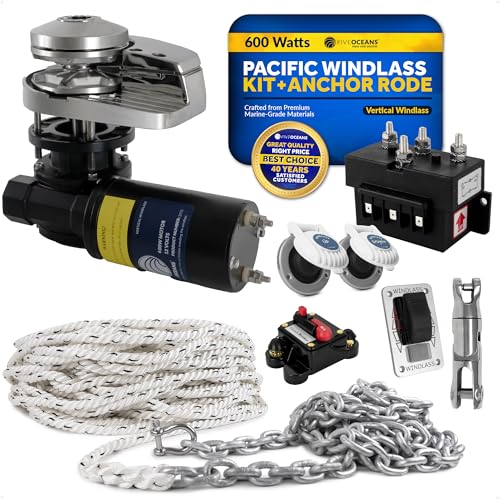 Five Oceans Vertical Windlass Kit 600W 12V with 150ft Rope & 15ft Chain Silver/Black