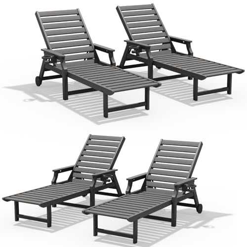 Tioline HDPE Outdoor Lounge Chairs Set of 4,Patio Chaise Lounge Chair Grey