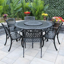 Oakland Living Modern Ornate Outdoor Mesh Aluminum 59-in Round Patio Dining Set with Lazy Susan and Six Chairs Black