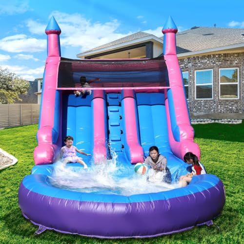 Inflatable Commercial Water Slide for Adults (Double Water Slides) (600lbs Capacity) 100% PVC Waterslide Without Blower, Big Water Pool, Fast Drainage, Backyard Outdoor Wet/Dry Fun, 21x11x13FT