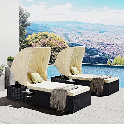 MNSSRN Upholstered Outdoor Patio Lounge, Canopy Cup Table, 5-Level Adjustable Backrest, Thick Cushions Matching Table for Poolside, Balcony, Beach, Patio,Beige