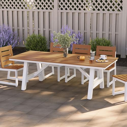 Costaelm Rectangle Patio Table, 8-Person Backyard Table 90" HDPE Dining Table with Umbrella Hole and Metal Frame for Outside, Garden, Poolside, Deck, Porch, Balcony, Teak