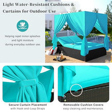 Patio Chaise Lounge, PE Rattan Outdoor Patio Wicker Sunbed Daybed with Adjustable Seats, Four-sided Canopy, Overhead Curtain and Blue Cushions for Backyard, Garden, Poolside (for 2-6 people)